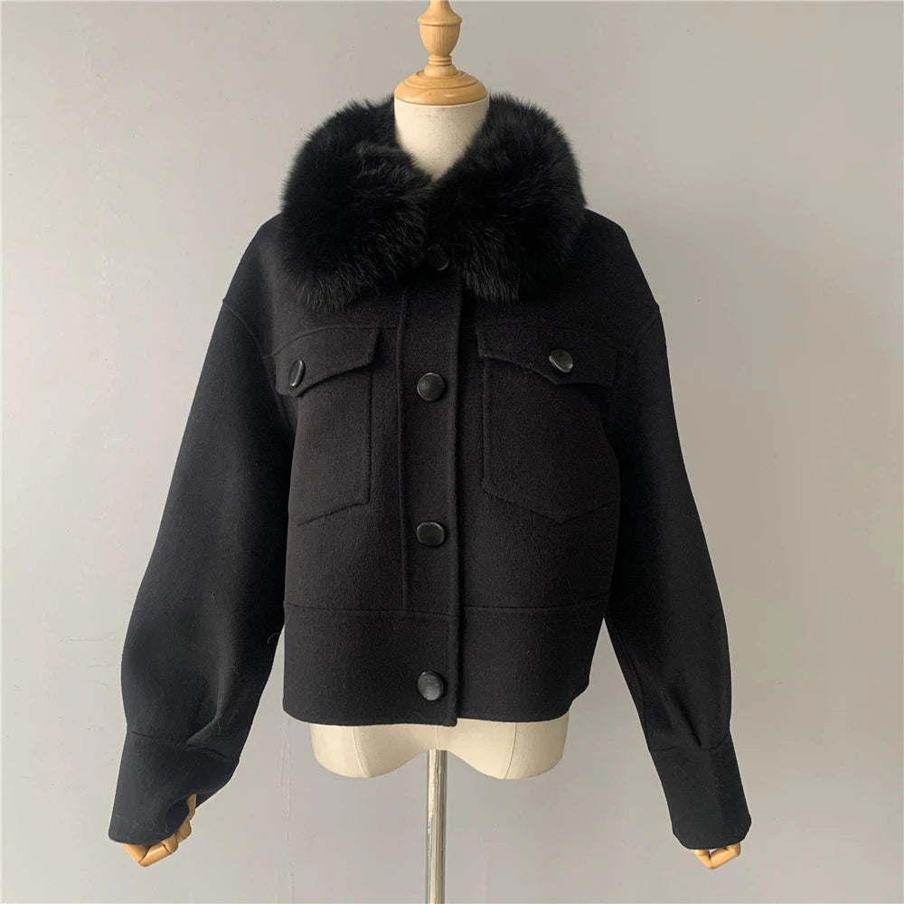 Wool Coat with Real Fur Collar Black 