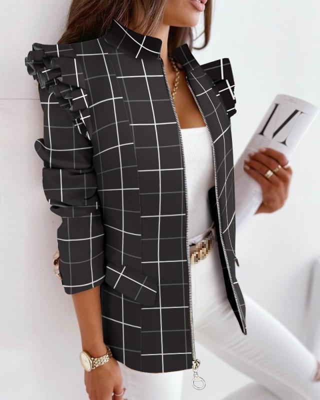 Women Jacket Ruffle and Plaid