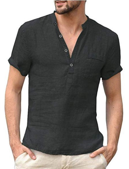 Men's Linen T-shirt V Neck Black